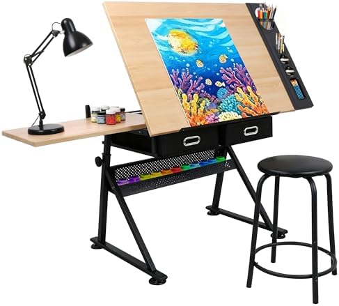 Woodworking Work Table - Drafting Table Art Desk with 2