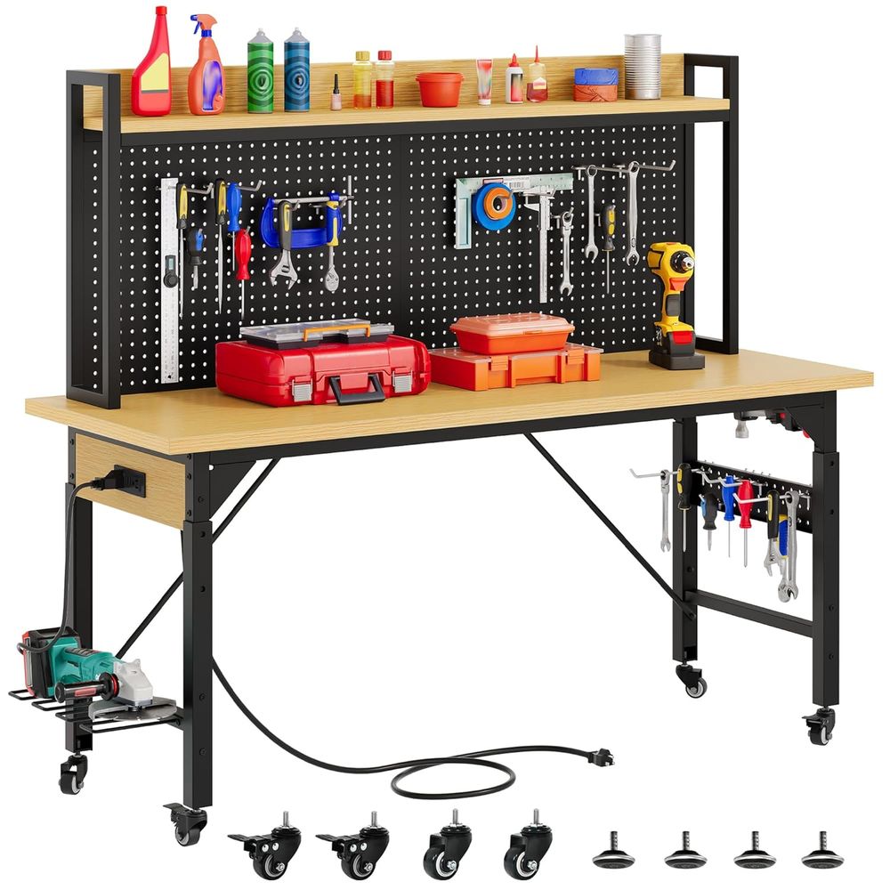 Woodworking Work Table - 60in Heavy Duty Workbench with Pegboard
